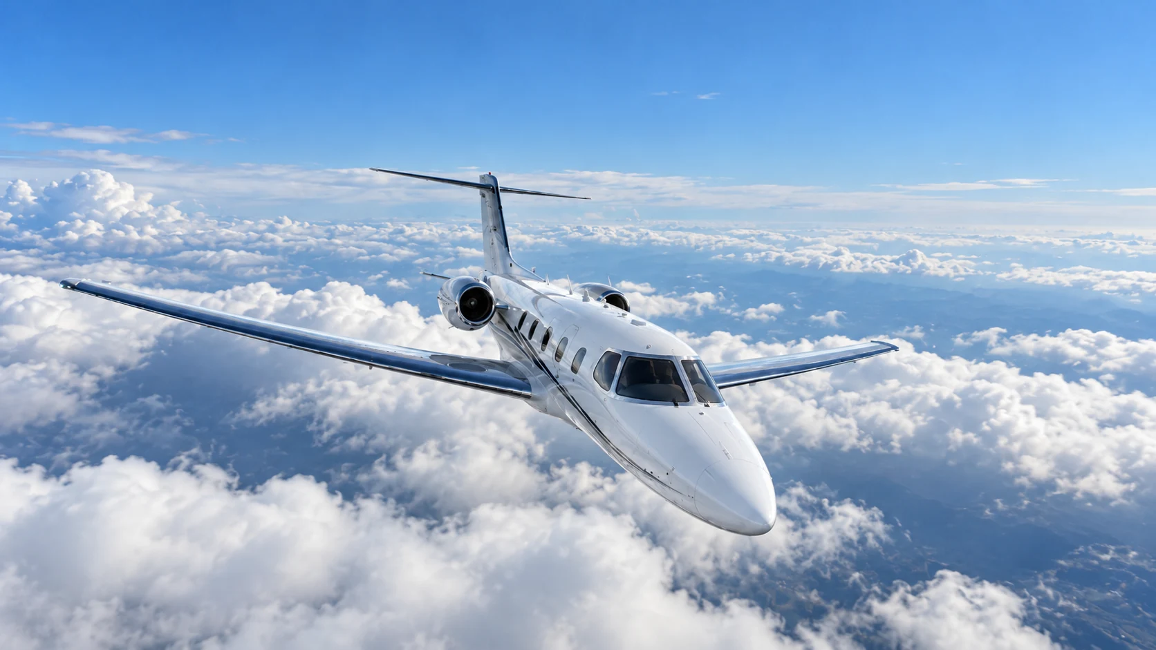 Private jet flying above the clouds against a blue sky