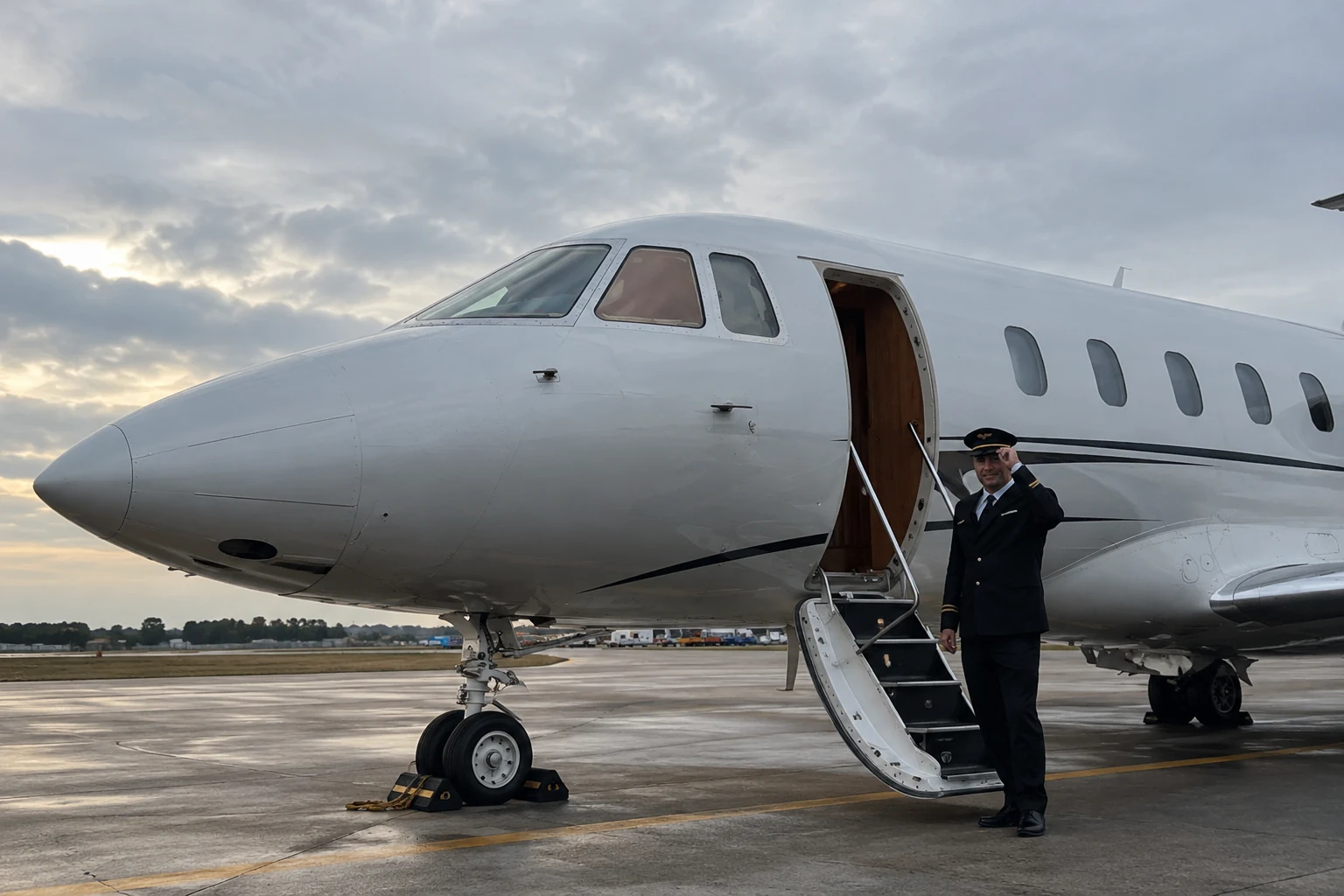 Private jet with a pilot welcoming travellers by the aircraft stairs