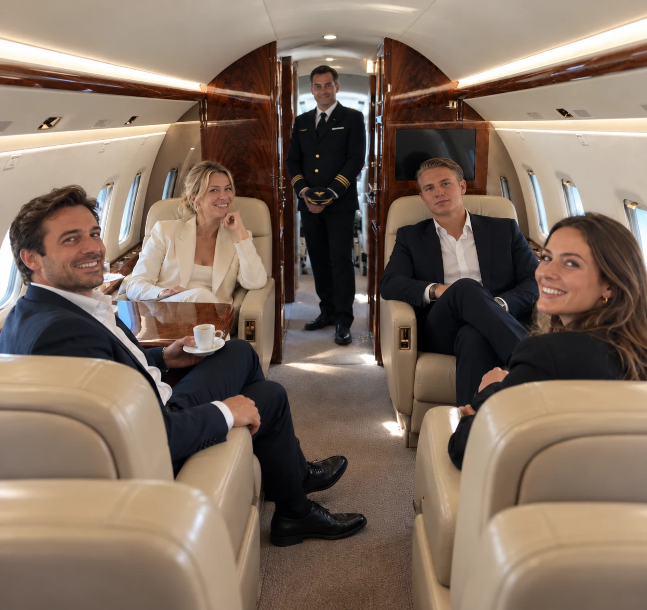Guests enjoying a refined private jet cabin with a crew member